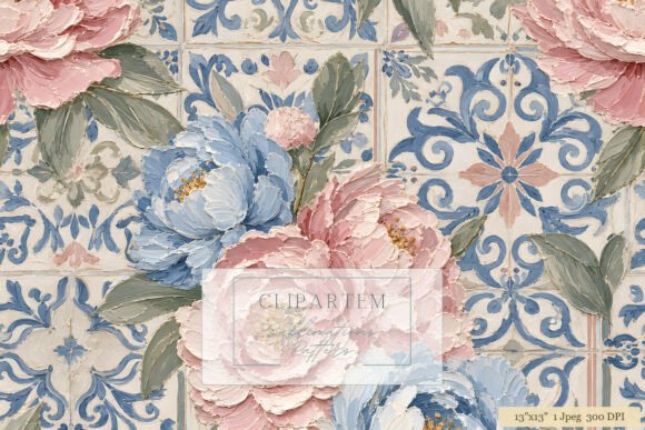 Blue Pink Peony Tile Pattern