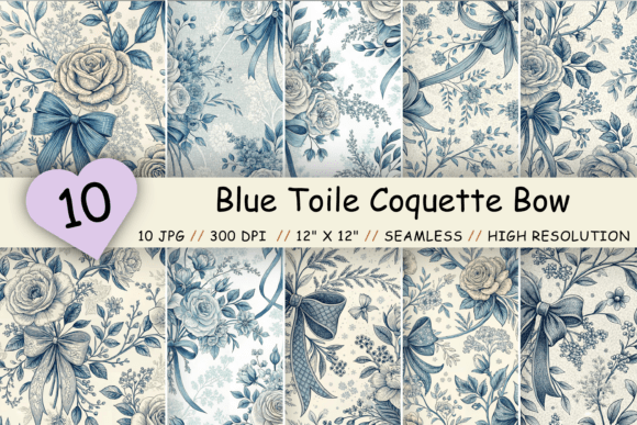Blue Toile Coquette Bow Seamless Pattern