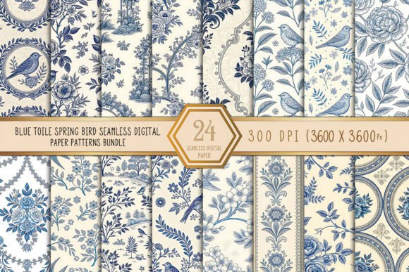 Blue Toile Spring Bird Seamless Digital