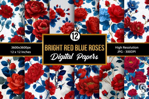 Bright Red Blue Roses Digital Paper