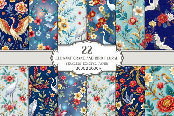 Elegant Crane and Bird Floral Seamless: A Timeless Addition to Your Creative Projects