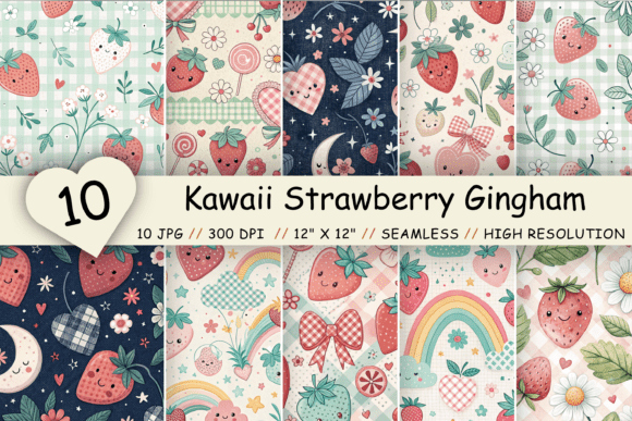 Kawaii Strawberry Gingham Digital Paper
