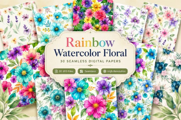 Rainbow Watercolor Floral Digital Set