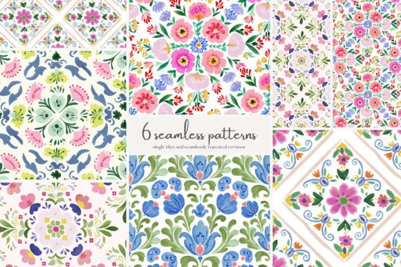 Seamless Folk Floral Pattern Set