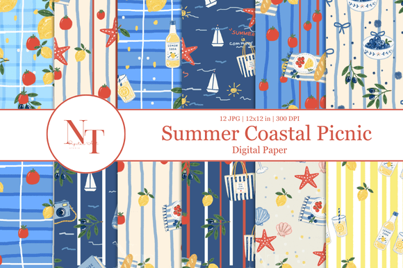 Summer Coastal Picnic Digital Paper